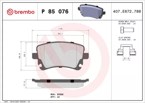 BREMBO Brake Pad Set, disc brake (P 85 076)